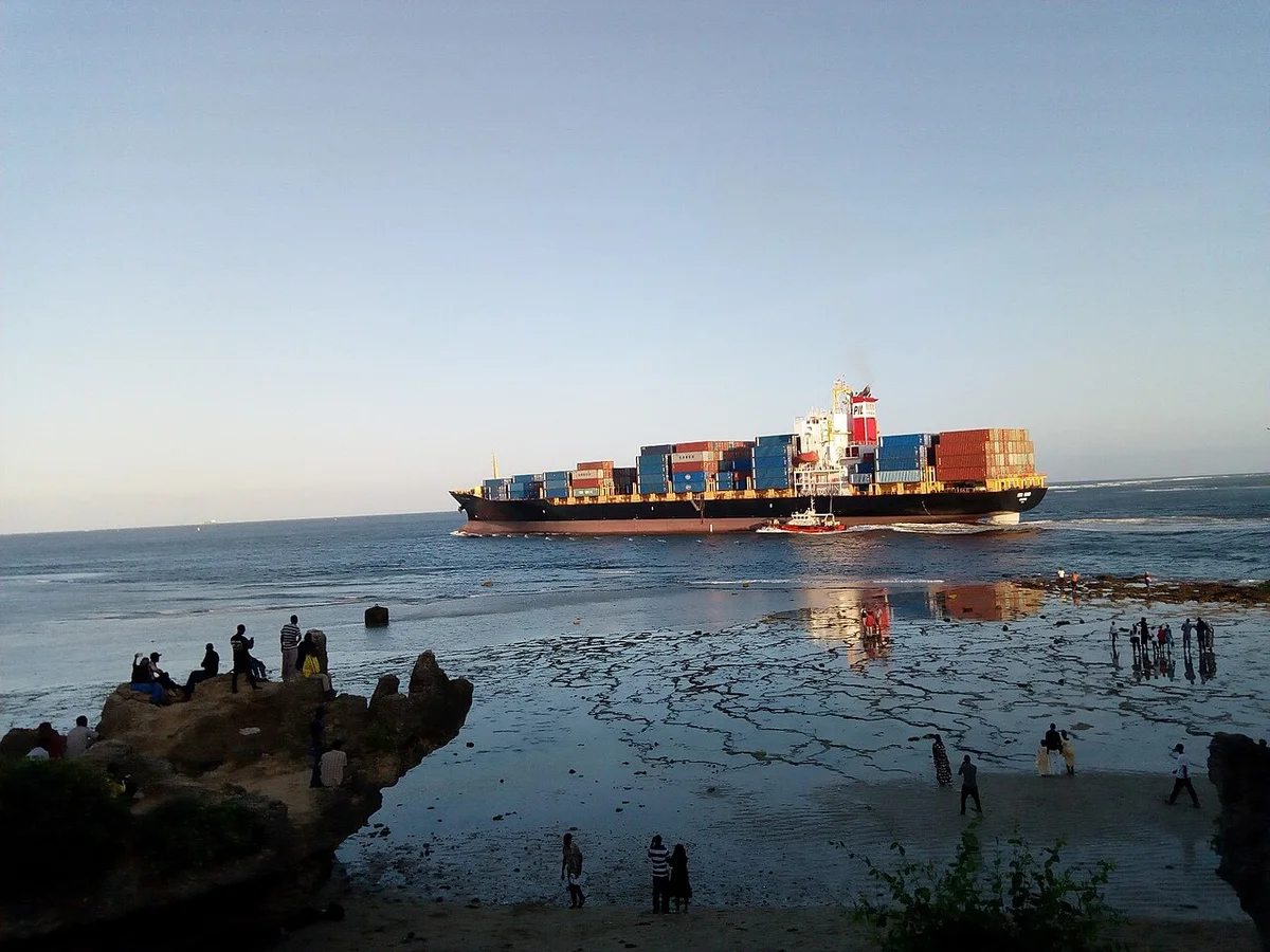 Container ship leaving Mombasa port. Archive photograph.
