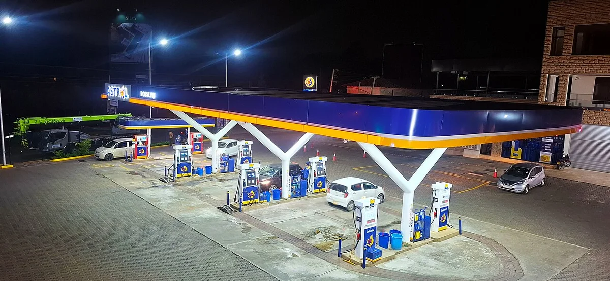 Astrol petrol station in Kenya. Archive photograph; displayed prices are not current quotations.